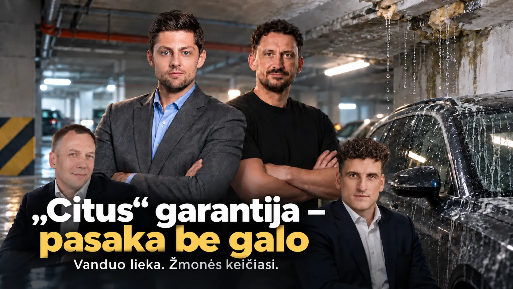 DI sugeneruota iliustracija: Robertas Balašaitis, Šarūnas Tarutis, Mindaugas Vanagas ir Marius Karpavičius vandens užliejamame parkinge