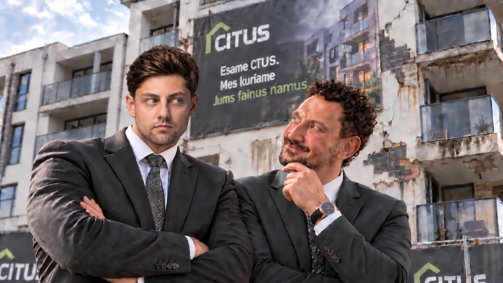 Mindaugas Vanagas ir Šarūnas Tarutis prie „Citus“ reklamos, fone – pažeistas daugiabučio fasadas