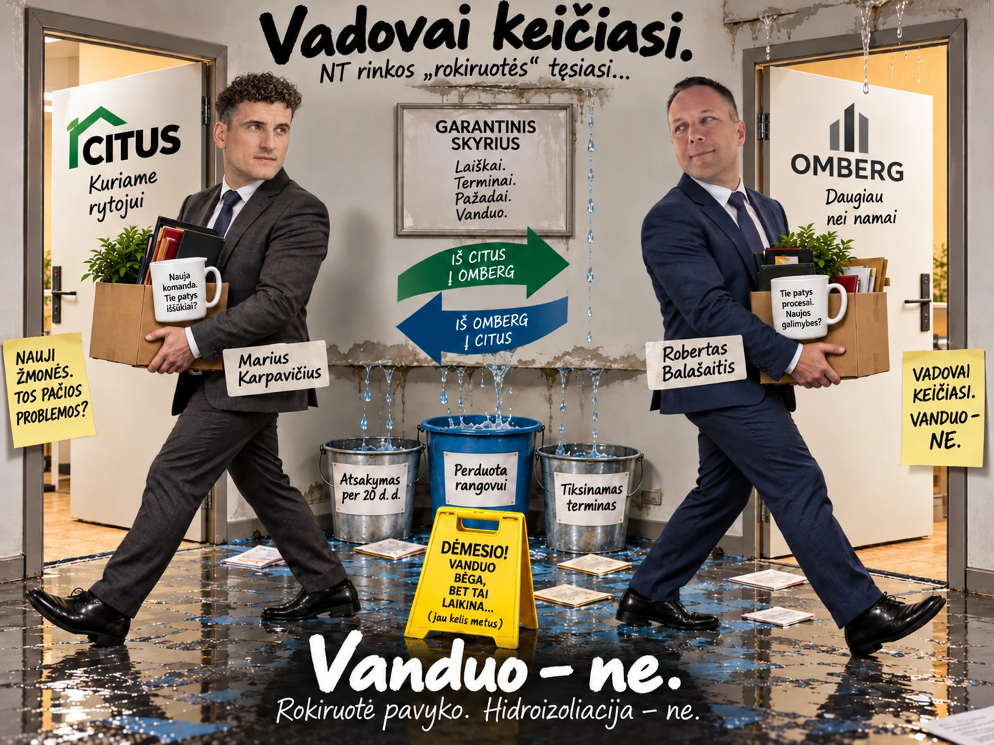 Marius Karpavičius kairėje ir Robertas Balašaitis dešinėje – DI iliustracija apie „Citus“ ir „Omberg“ garantinės priežiūros rokiruotę.